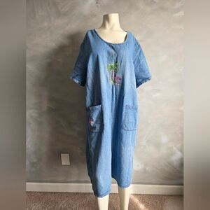 Vtg Blair Denim Shift Dress Chore Pockets Embroidered Flamingo Palm Tree 3XL